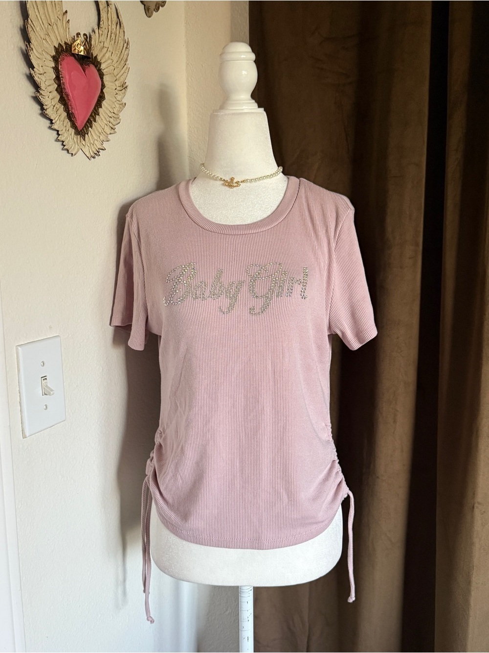 Y2K Pink Rhinestone Bling Short Sleeve Tee With Drawstring Detail Women’s Large